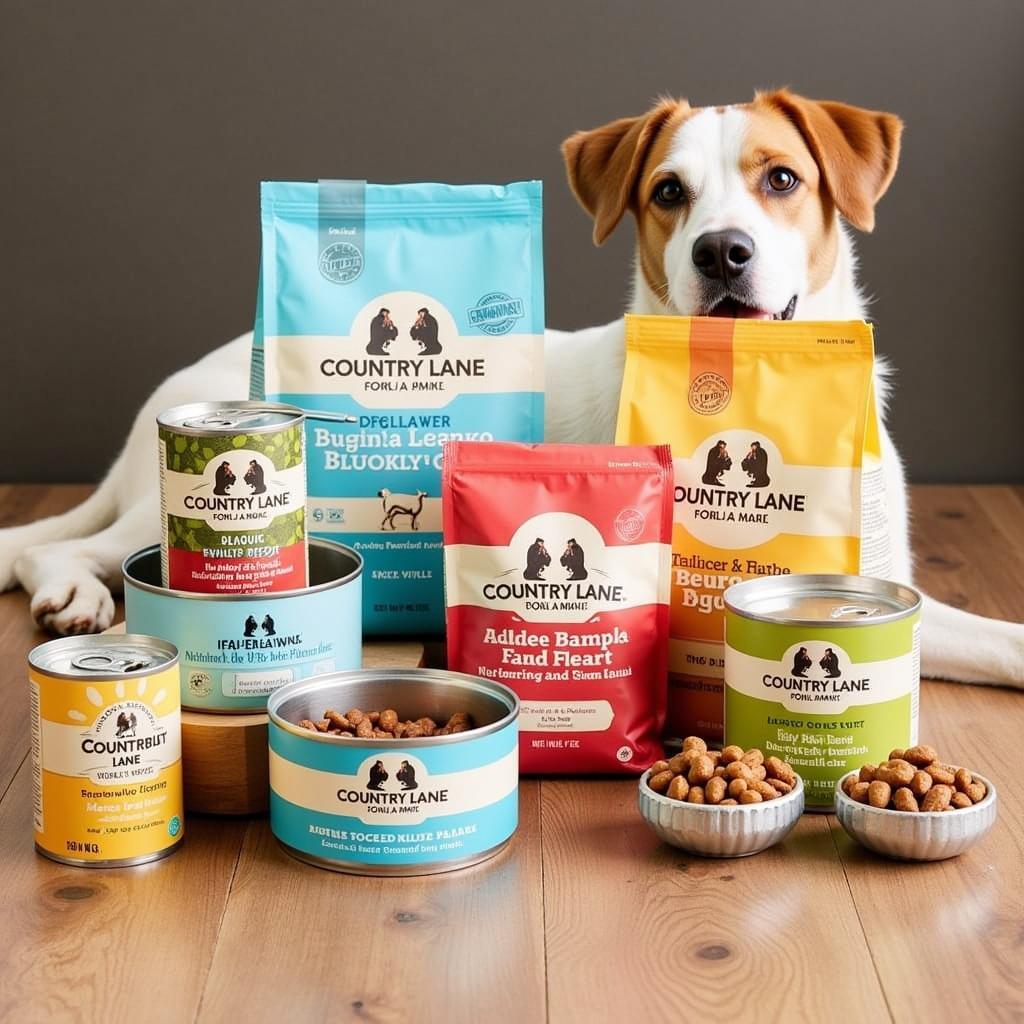 A variety of country lane dog food options displayed on a shelf.