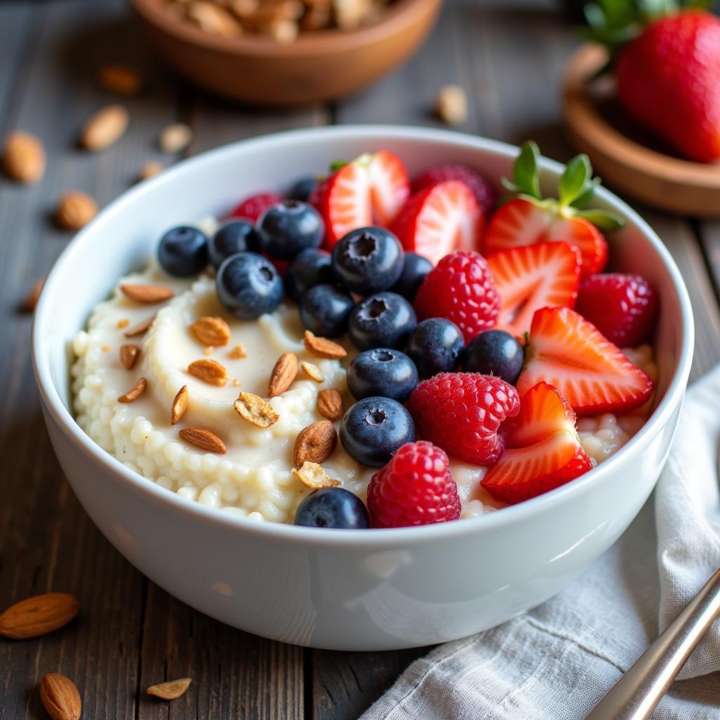 Cream of rice breakfast bowl with berries and nuts