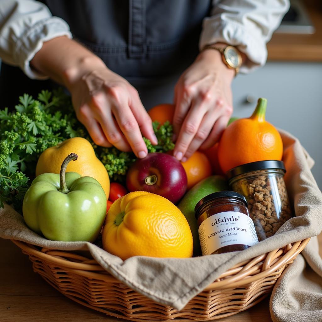 Hands carefully arranging an assortment of organic fruits, vegetables, and gourmet items in a wicker basket.