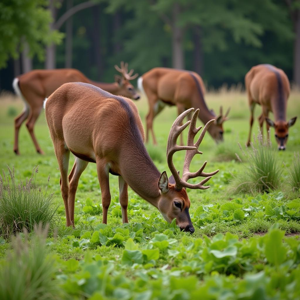 Deer feeding on a lush crush food plot mix