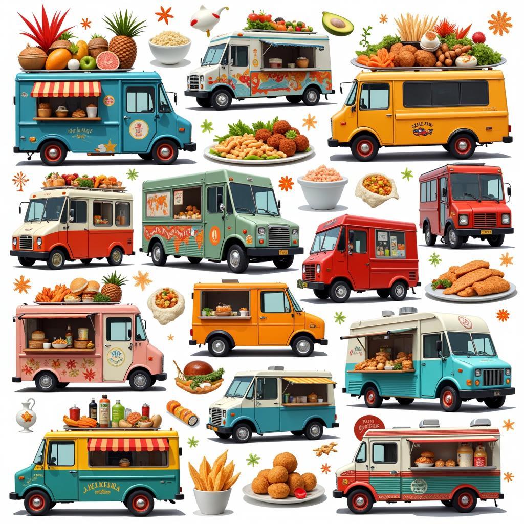 Cultural Food Truck Menu Diversity: A vibrant collage showcasing various food trucks offering cuisine from around the world, including tacos, falafel, and sushi.