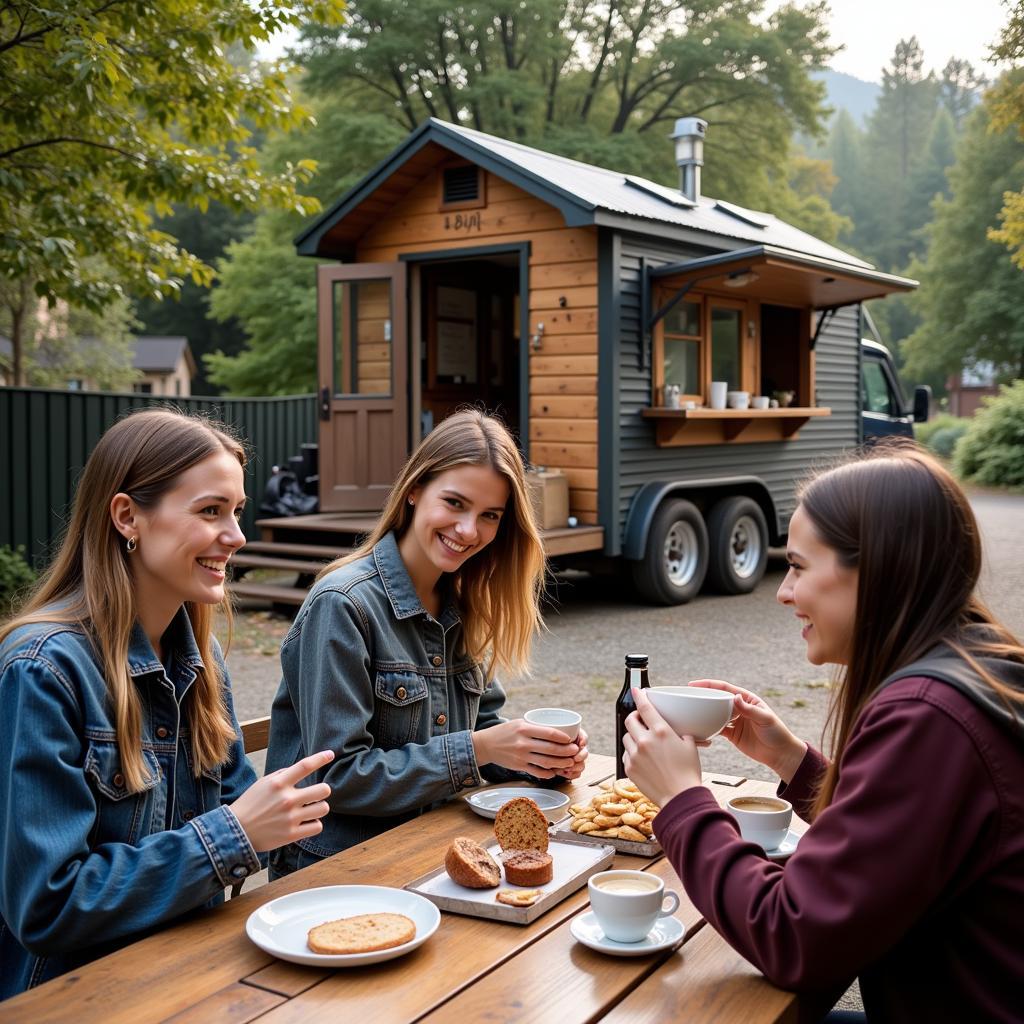 Happy customers enjoying their coffee and pastries outside a coffee cabin food truck on a sunny day.