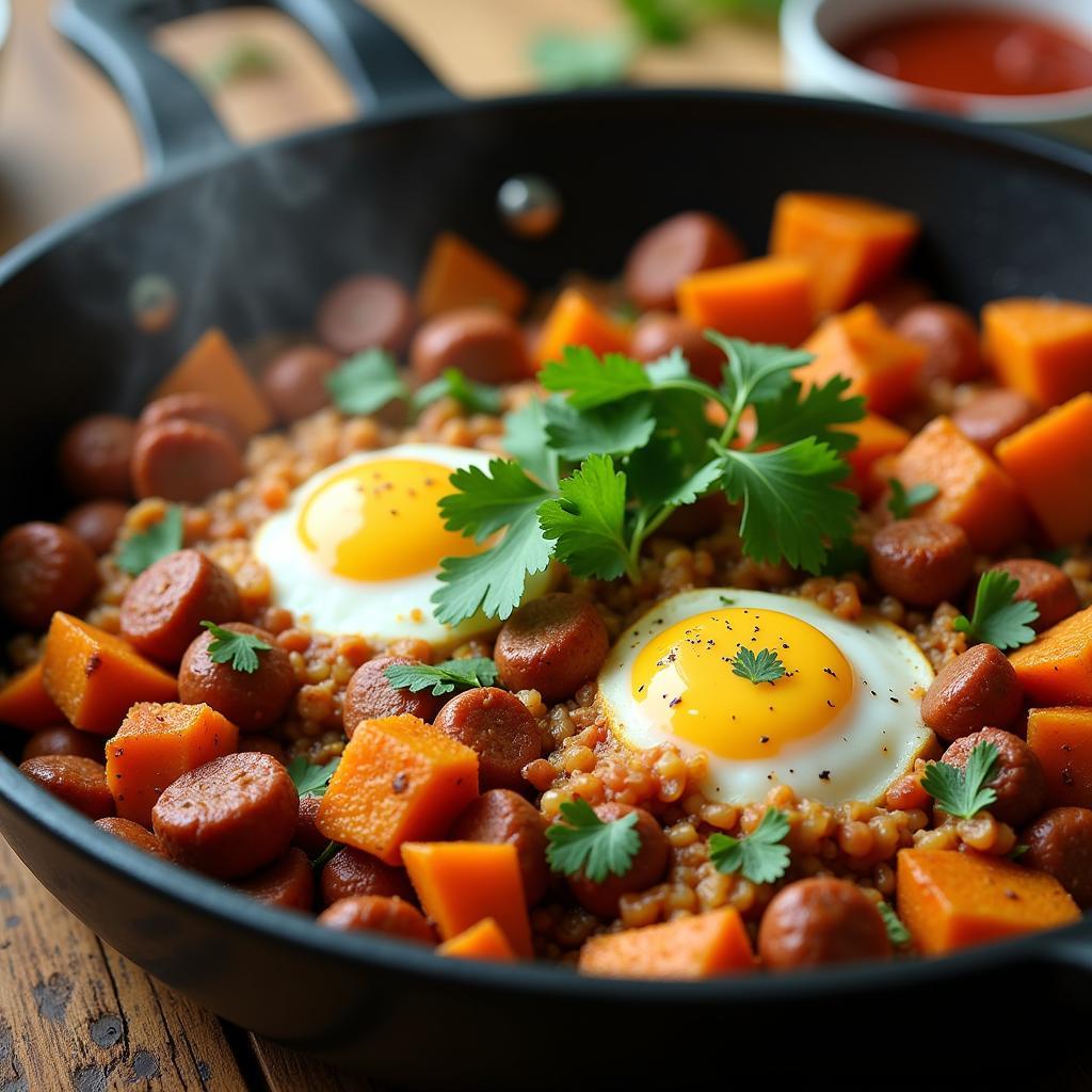 Spicy Chorizo and Egg Scramble with Roasted Sweet Potatoes