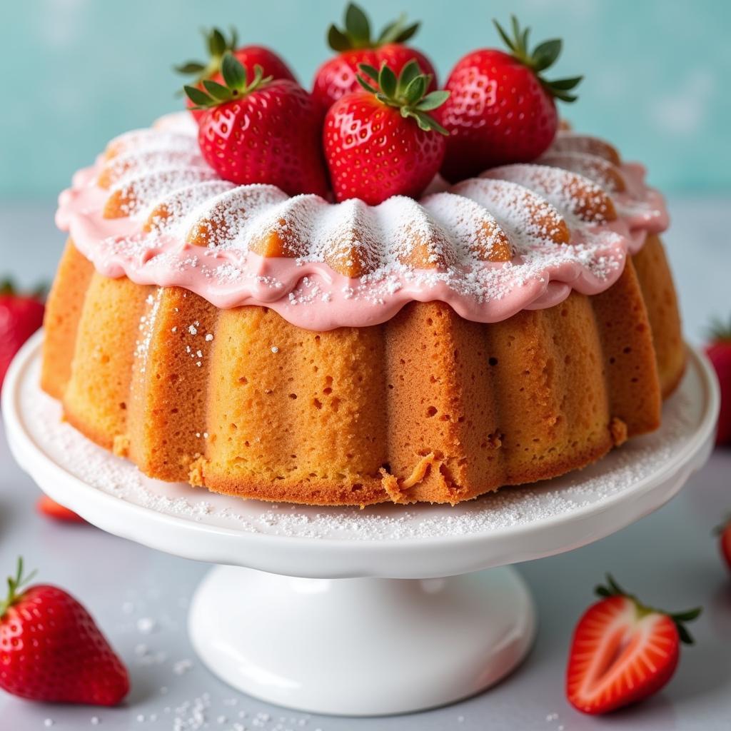 A decorated angel food cake with strawberry icing