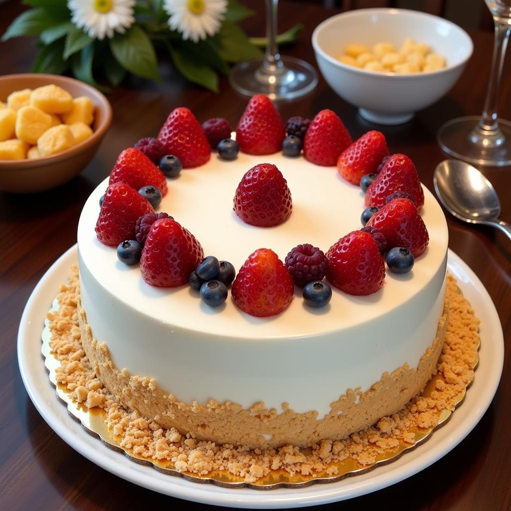 Angel food cake decorated for Passover with fresh fruit and matzah crumbs.