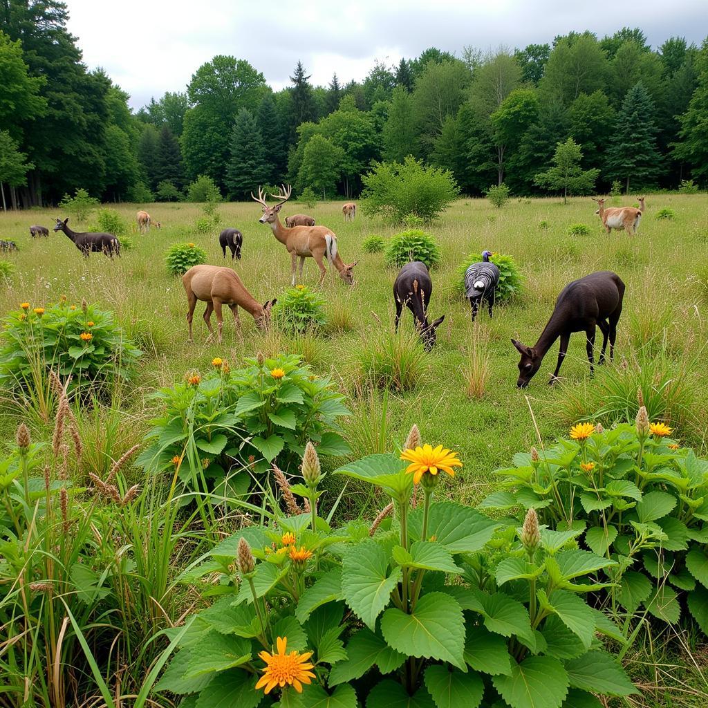 Deer and turkey foraging in a lush food plot