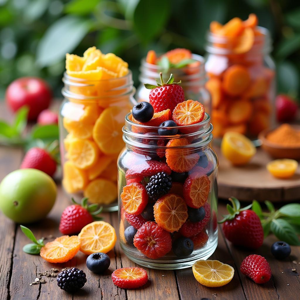 Dehydrated Fruit Snacks Stored in Glass Jars