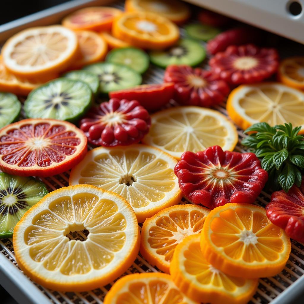 Dehydrated Fruits and Vegetables Arranged on Dehydrator Trays