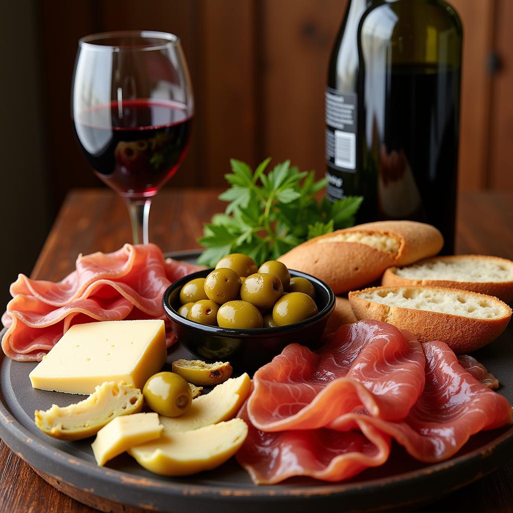 A table laden with a selection of Italian deli meats, cheeses, olives, bread, and a bottle of red wine.