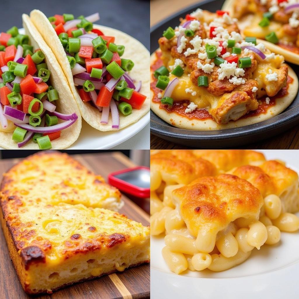 Close-up shots of various food truck dishes, including tacos, pizza, and Buffalo chicken mac and cheese.