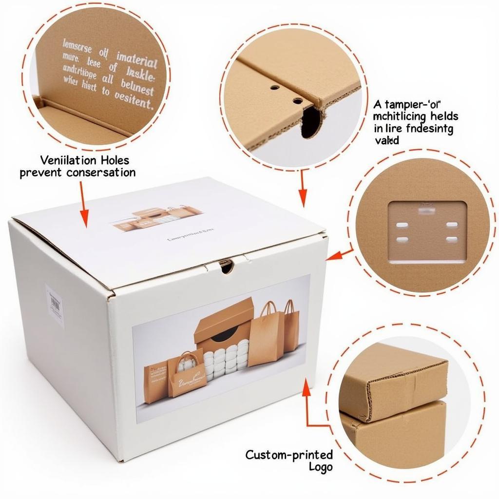 Close-up of a delivery box highlighting features like ventilation holes, tamper-evident seals, and custom branding.