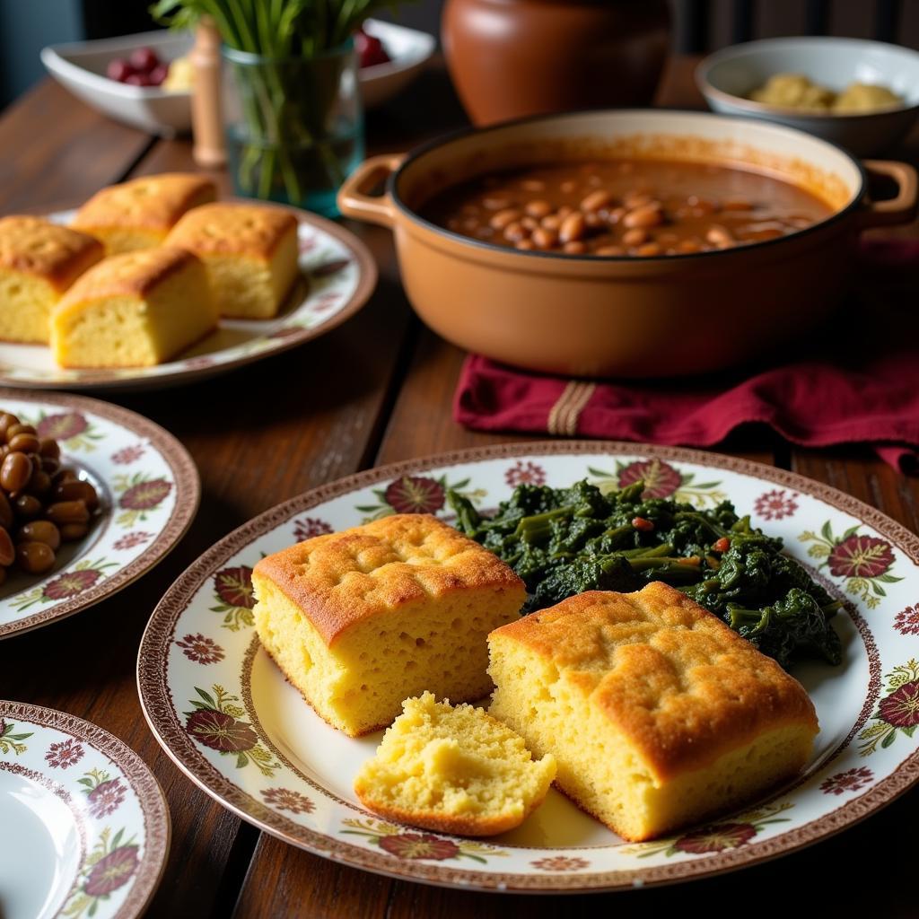 Demon Copperhead Appalachian Food Culture: A close-up shot of a table displaying traditional Appalachian dishes, including cornbread, beans, and greens, highlighting the region's unique culinary heritage and the importance of food in its cultural identity.