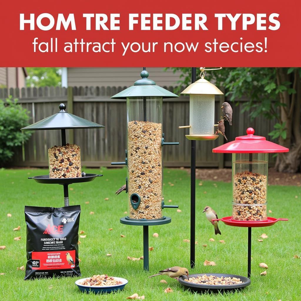 Variety of bird feeders, including tube, platform, and hopper feeders, filled with Ace wild bird food.