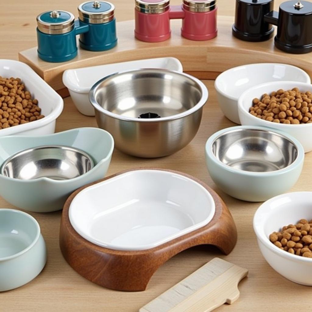 Various cat food bowls in different shapes and sizes.