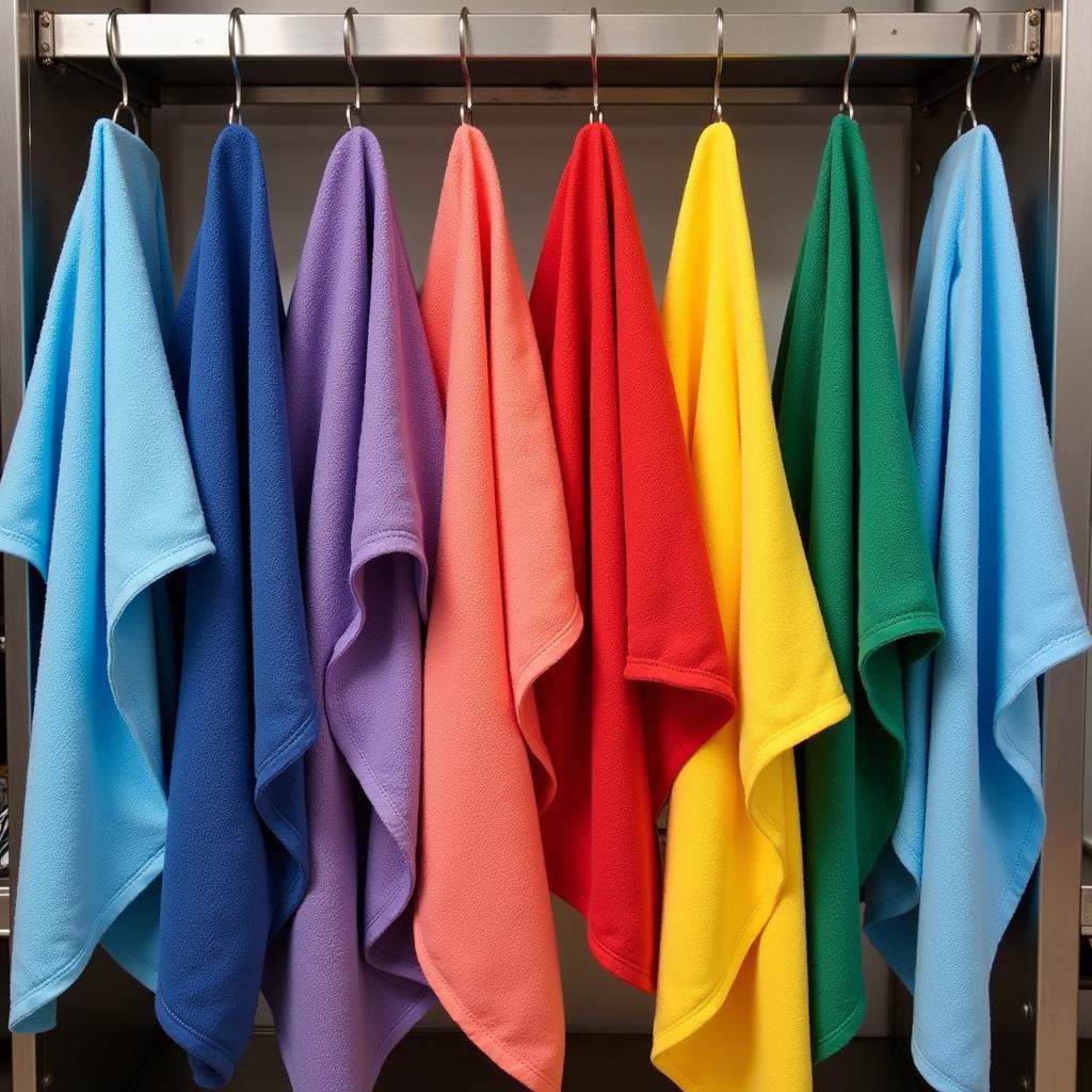 Various colored food service towels used for different purposes