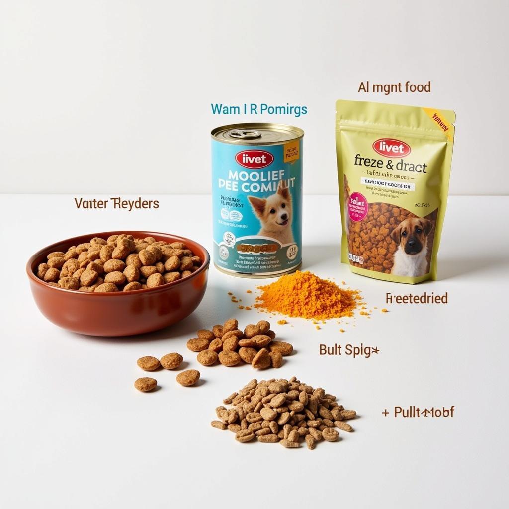 Various types of ivet puppy food: kibble, wet, and freeze-dried