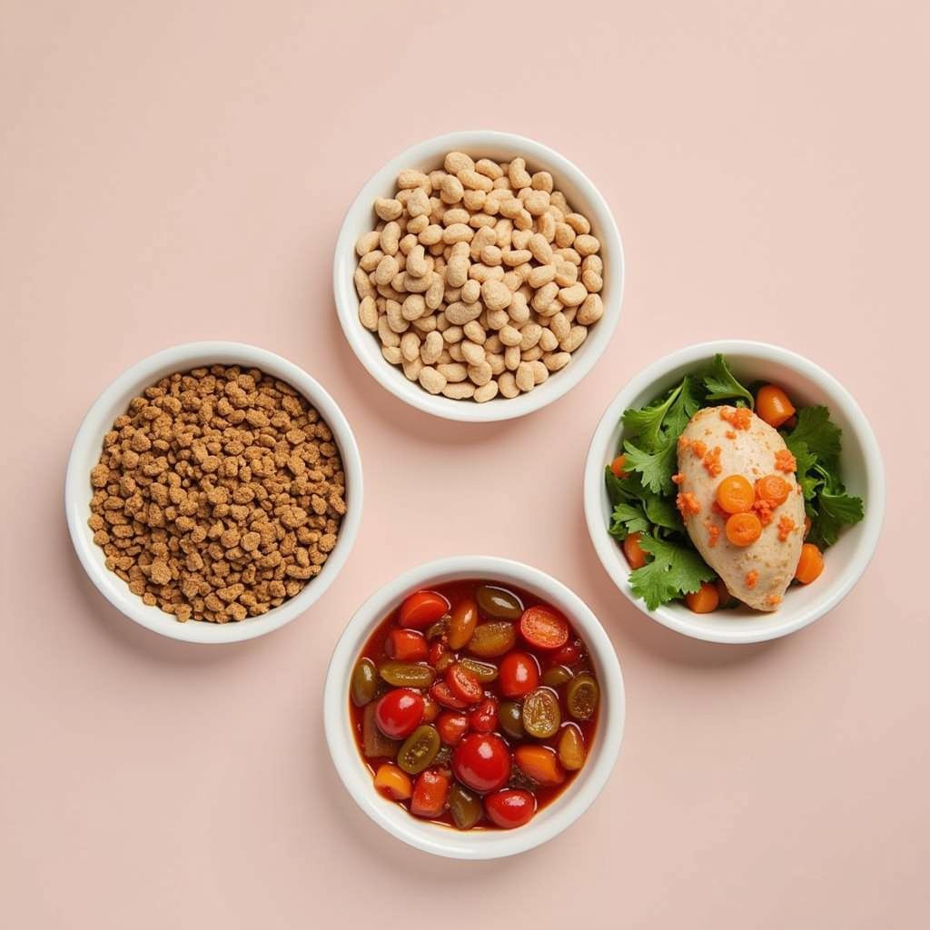 Various types of dog food with chicken: kibble, wet food, and homemade food.