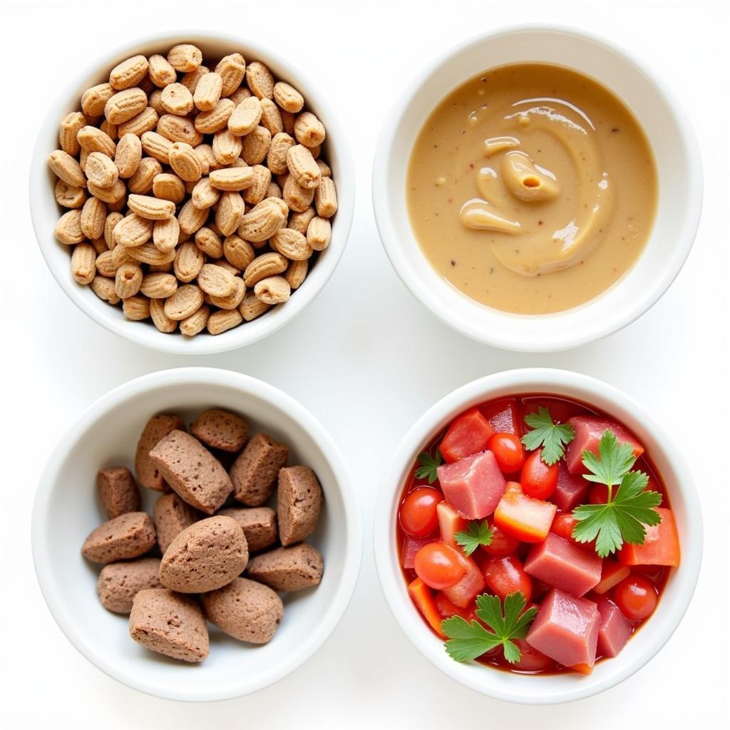 Various types of mr dog dog food, including kibble, wet food, and raw ingredients.