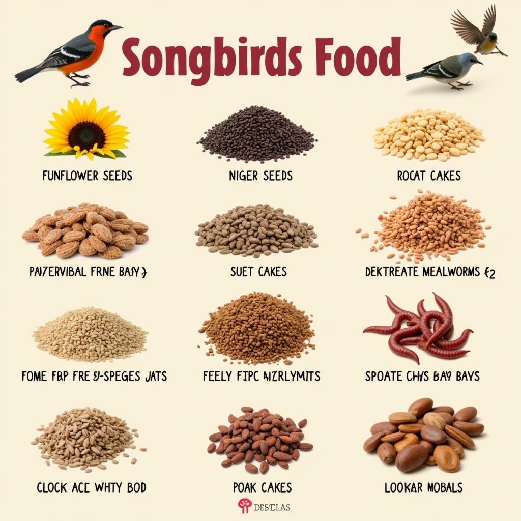 Various types of songbird food including seeds, suet, and mealworms are displayed.