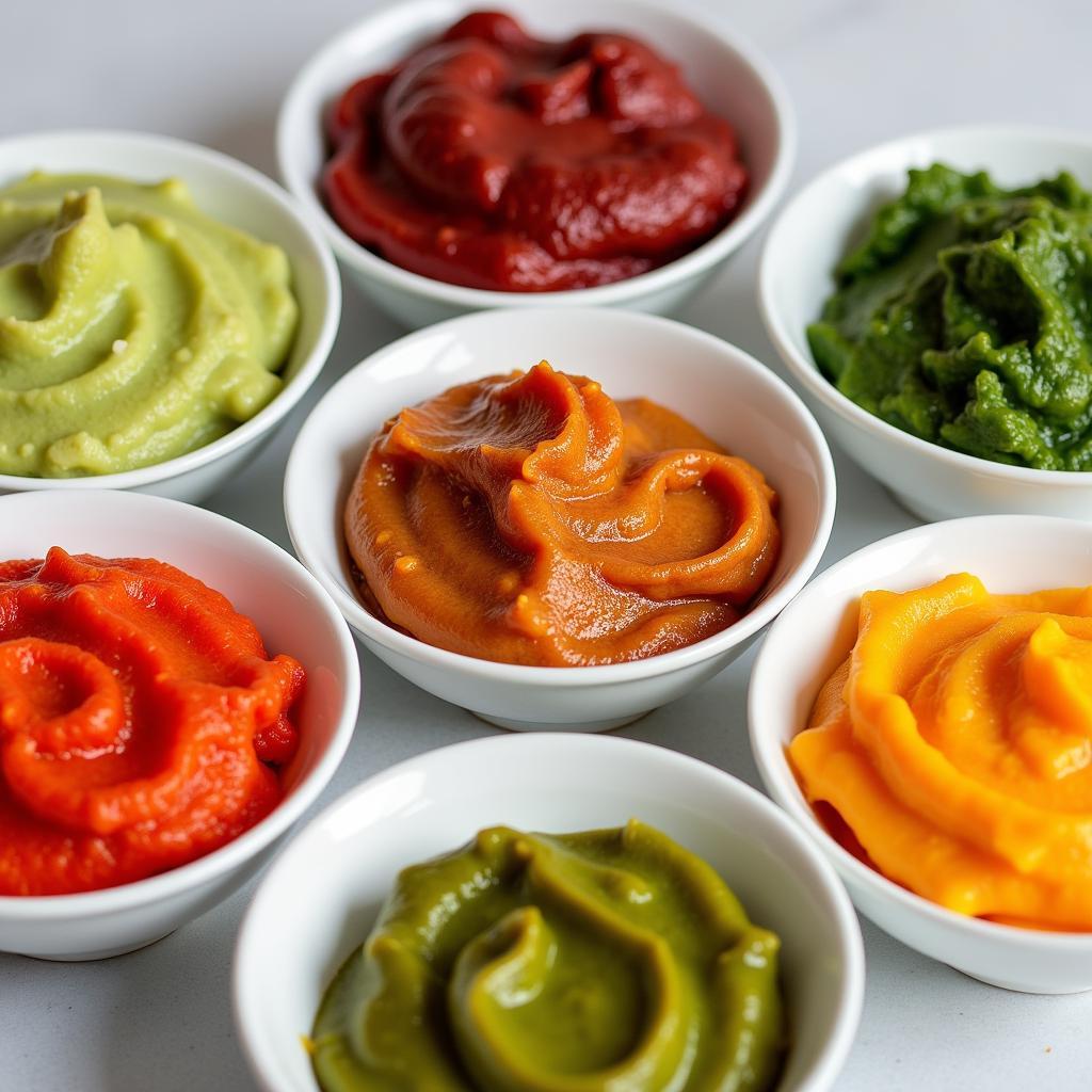 A variety of colorful vegetable purees in small bowls