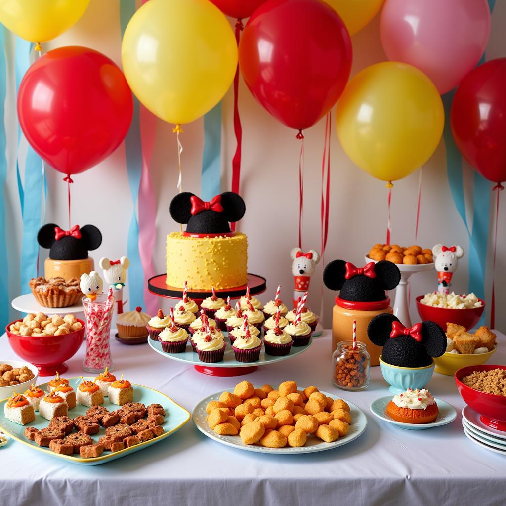 A table laden with Disney-themed junk food and decorations, ready for a party.  There are Mickey Mouse pretzels, character-shaped cookies, and colorful balloons.