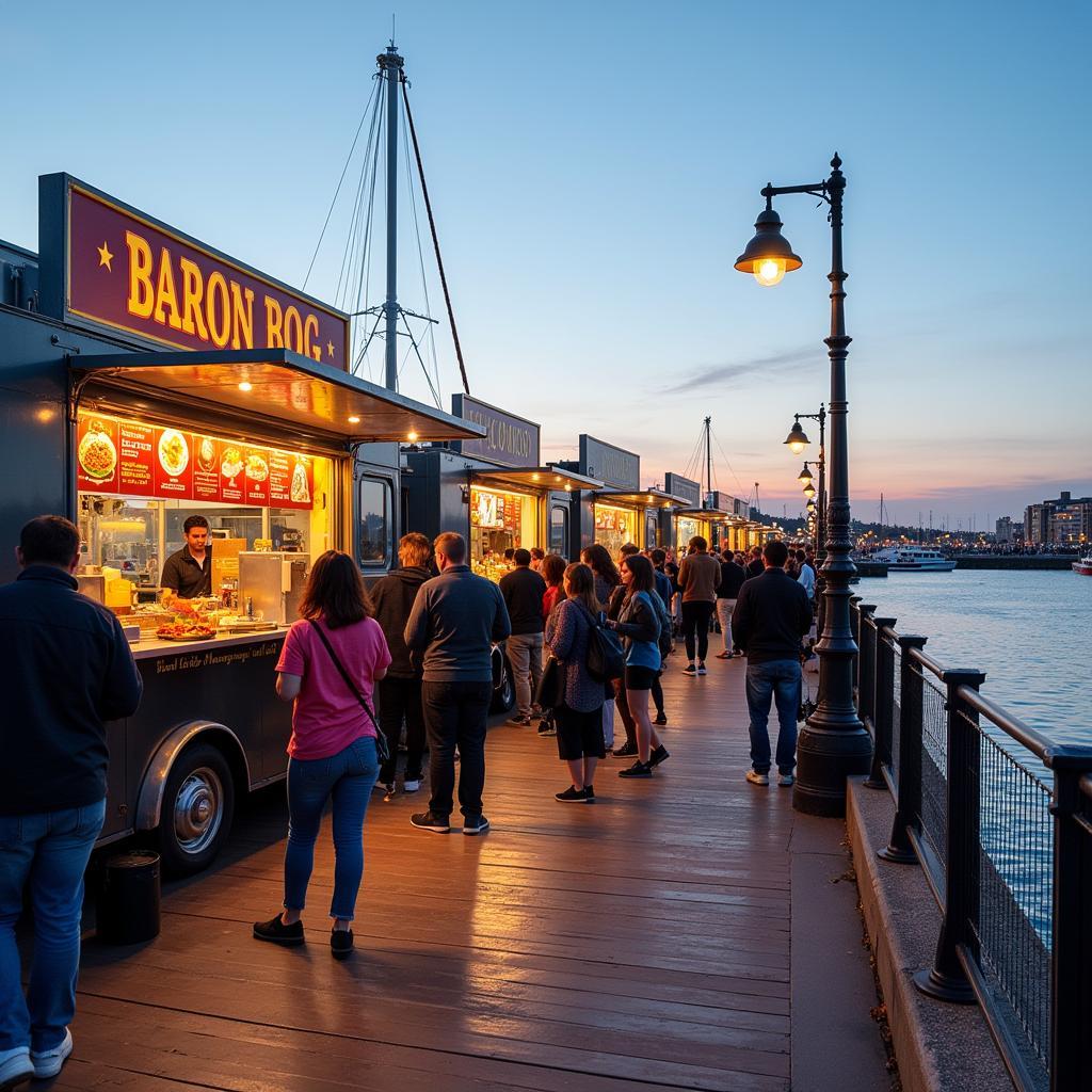 Diverse cuisine options from food trucks at a waterfront location