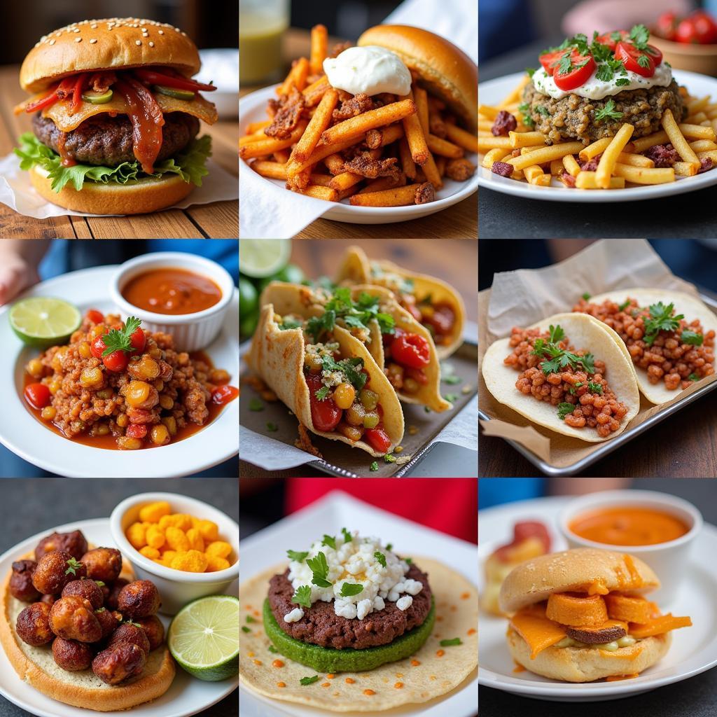 Close-up shots of various dishes from Dayton food trucks, showcasing the diversity of culinary offerings.