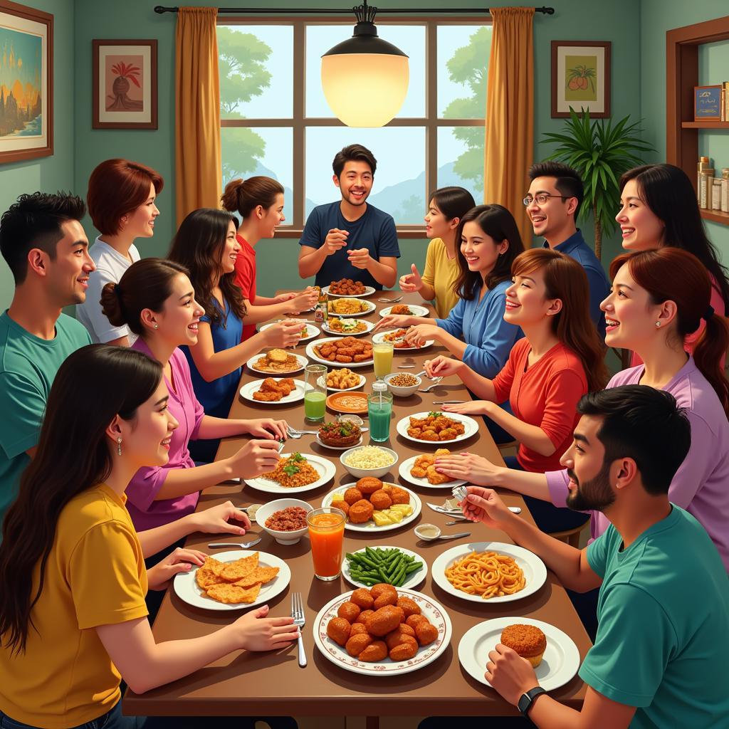 A diverse group of people sharing a meal together, laughing and connecting.