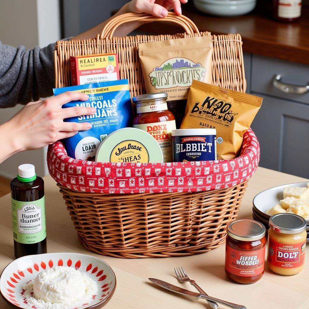 A step-by-step guide to creating a DIY Philadelphia food basket, with various ingredients and packaging materials.