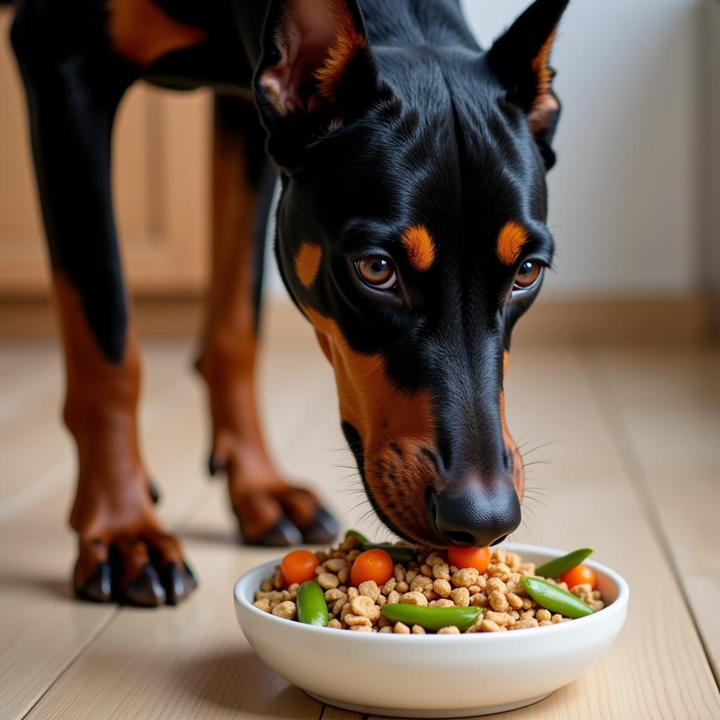 Adult Doberman eating healthy food from a bowl