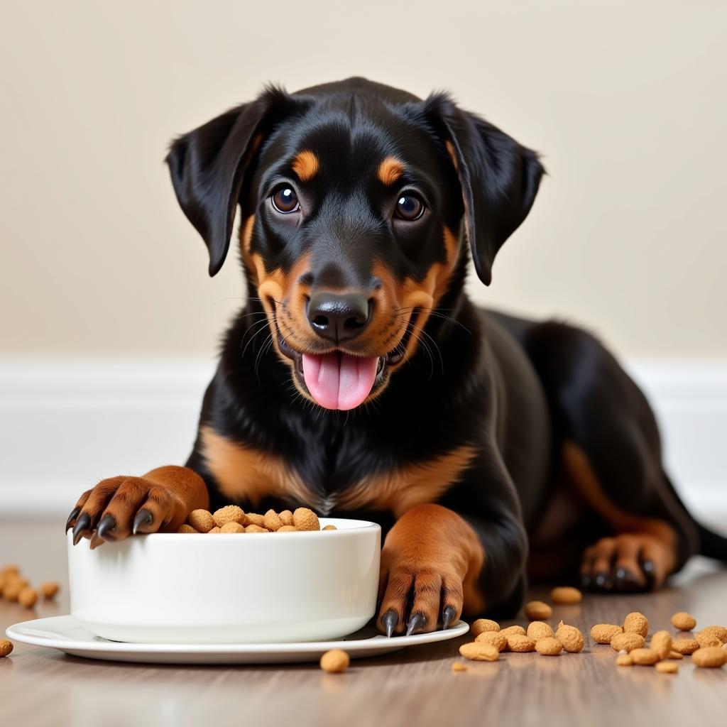 Doberman puppy enjoying its meal