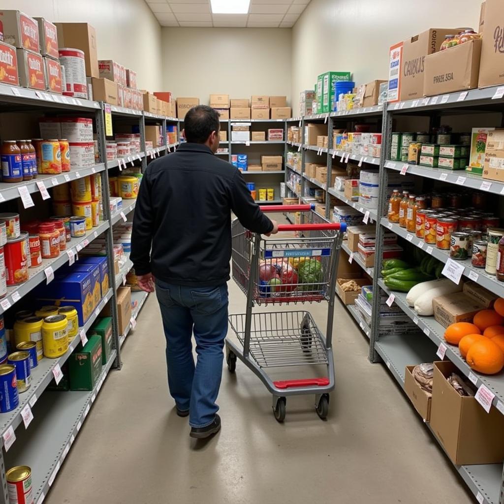 A person selecting food items at a Dobson, NC food pantry.