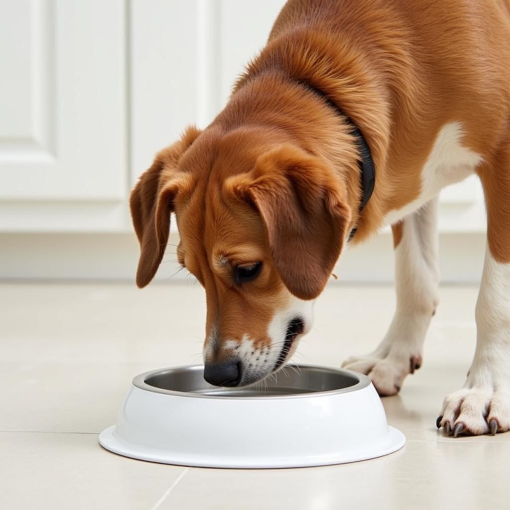 A dog drinking water from a bowl