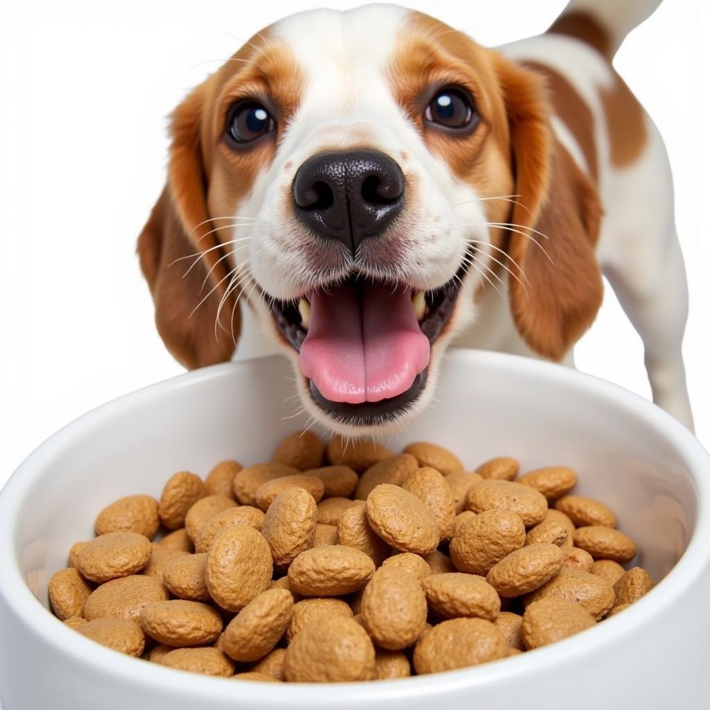 A happy dog enjoying its meal of dry dog food with duck