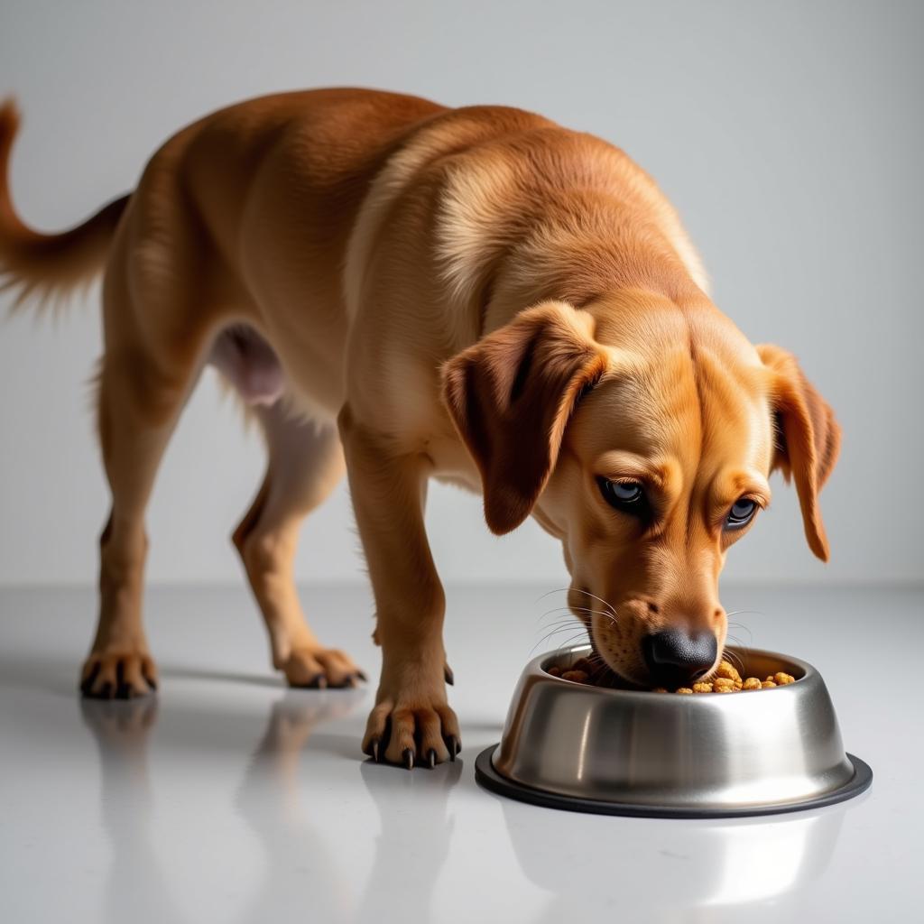 A happy dog enjoying a bowl of freeze-dried dog food.