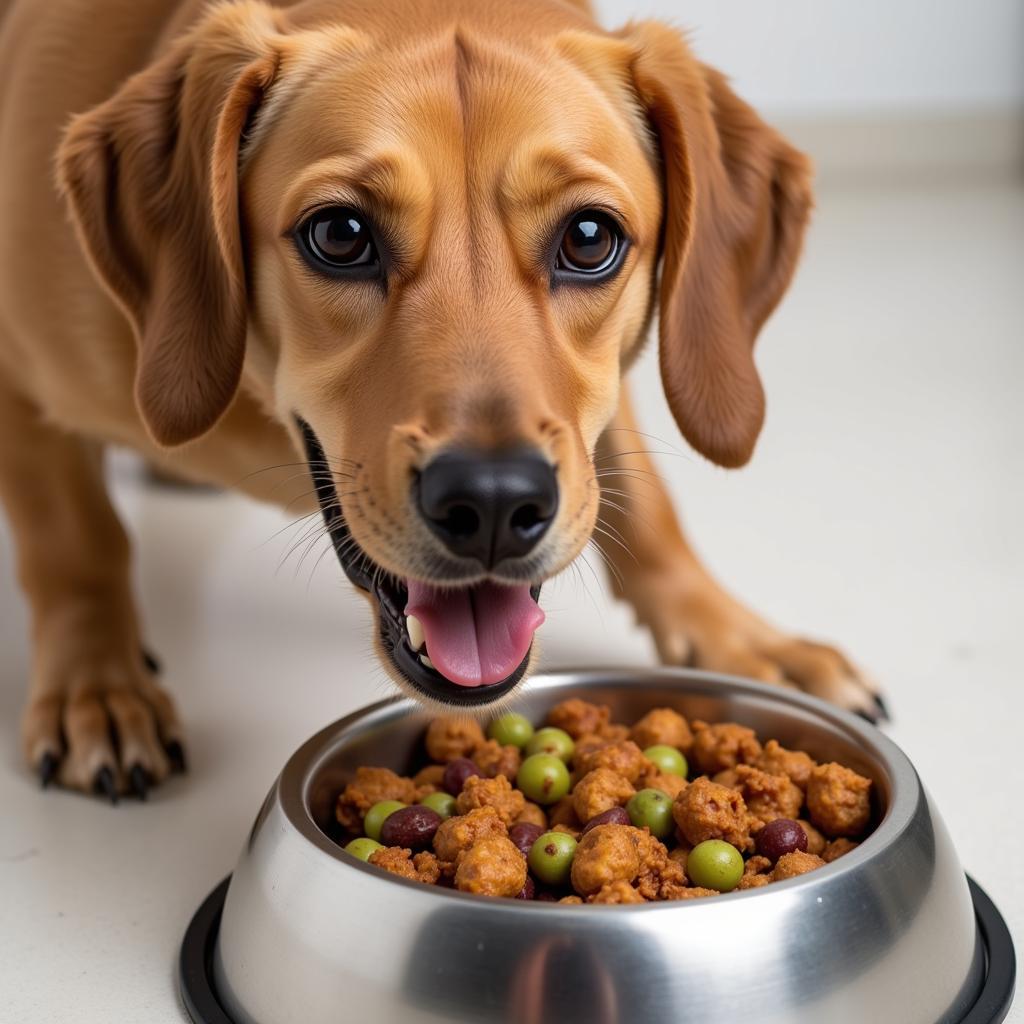 Dog eating from a bowl