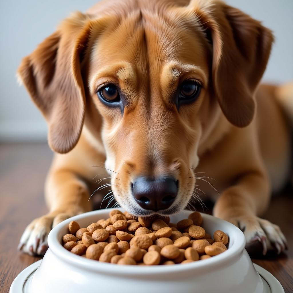 A dog enjoying a bowl of healthy dog food, showcasing a happy and healthy pet.