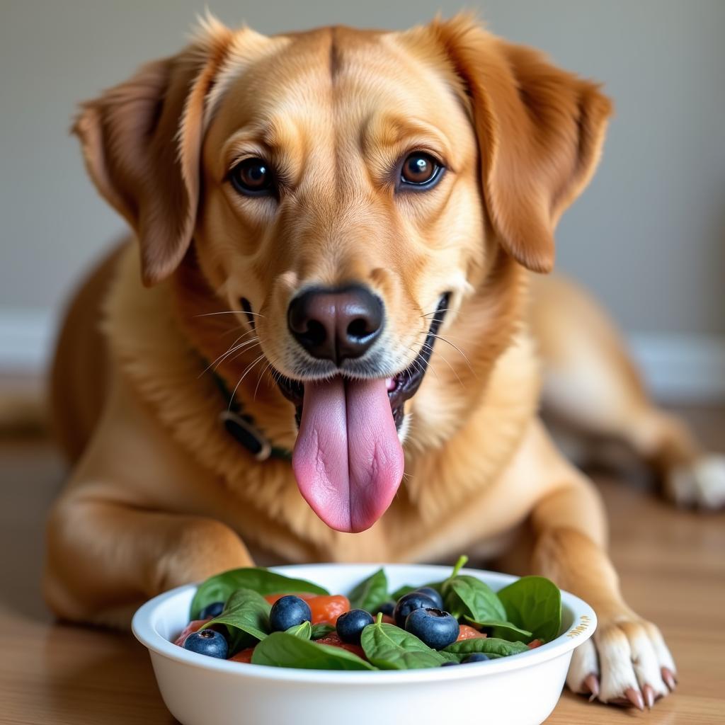 A dog enjoying a meal rich in anti-inflammatory ingredients.