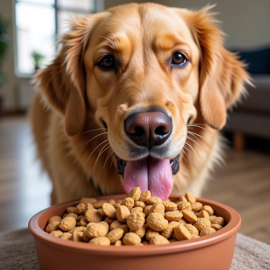 Dog enjoying a bowl of premium kibble