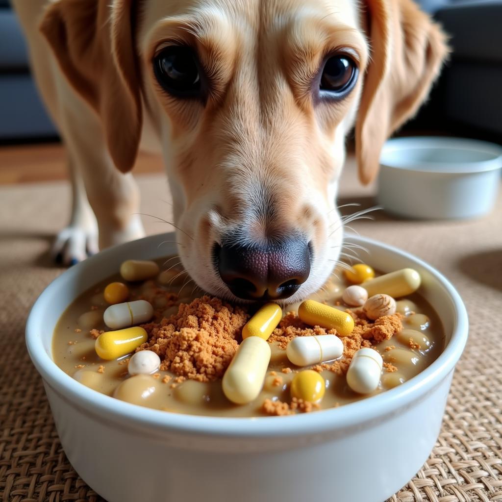 Dog enjoying a home-cooked meal topped with supplements