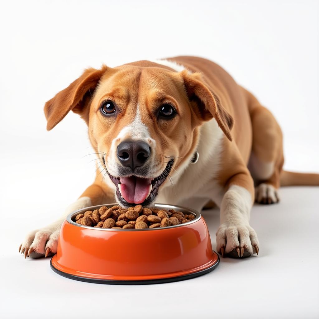 A happy dog enjoying a meal of dry kibble from its bowl.