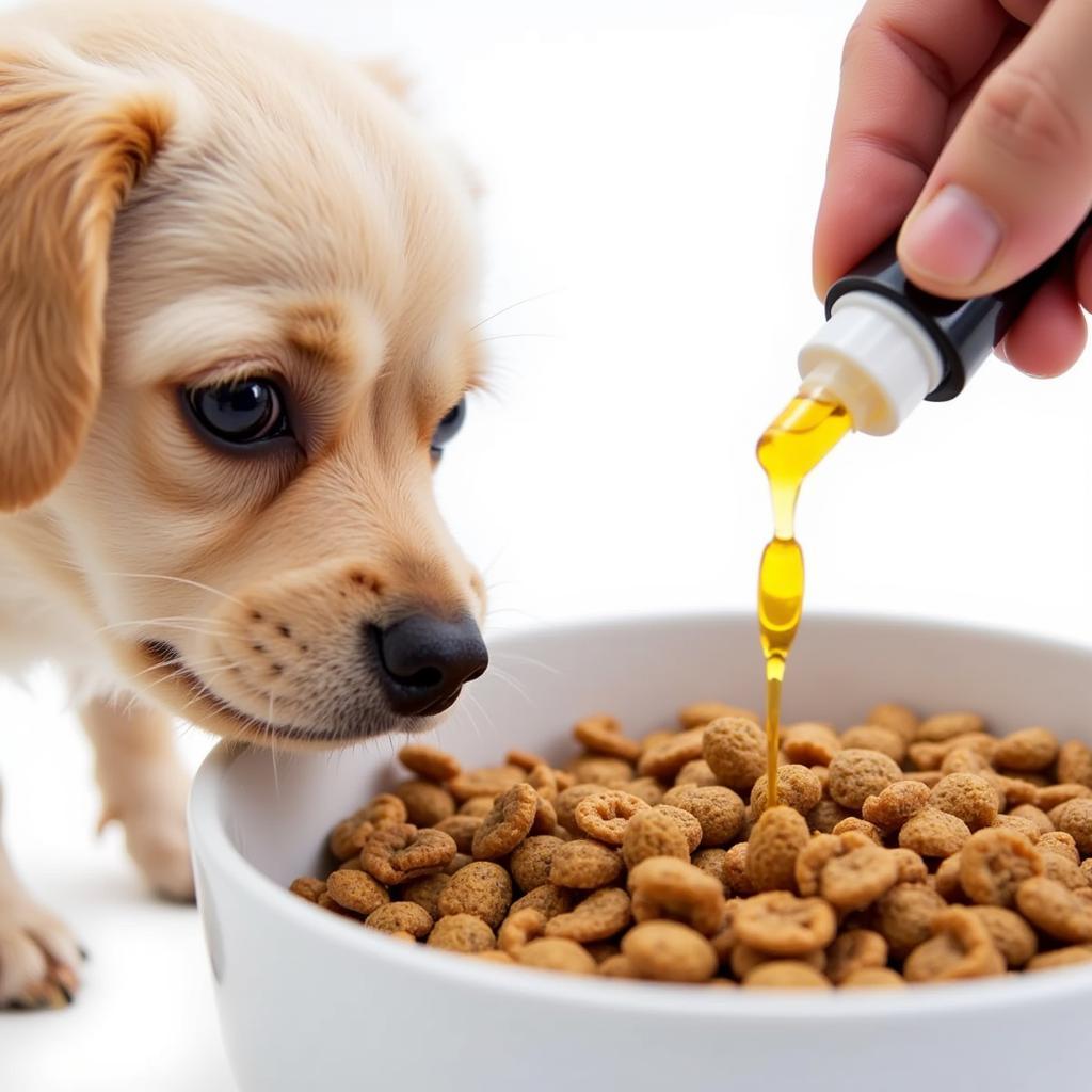 Dog Eating Kibble with Salmon Oil Supplement