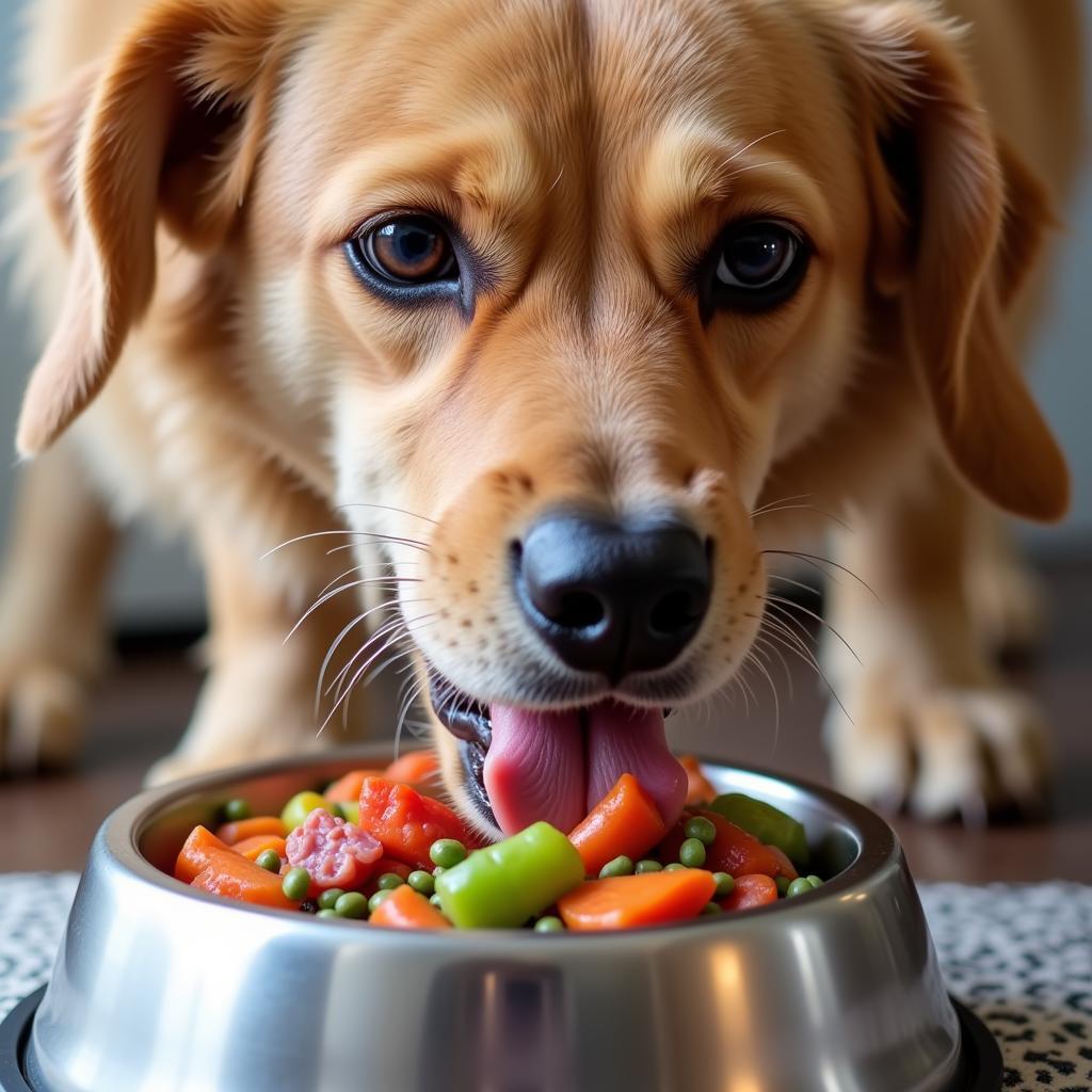 A dog enjoying a bowl of raw food designed for allergies