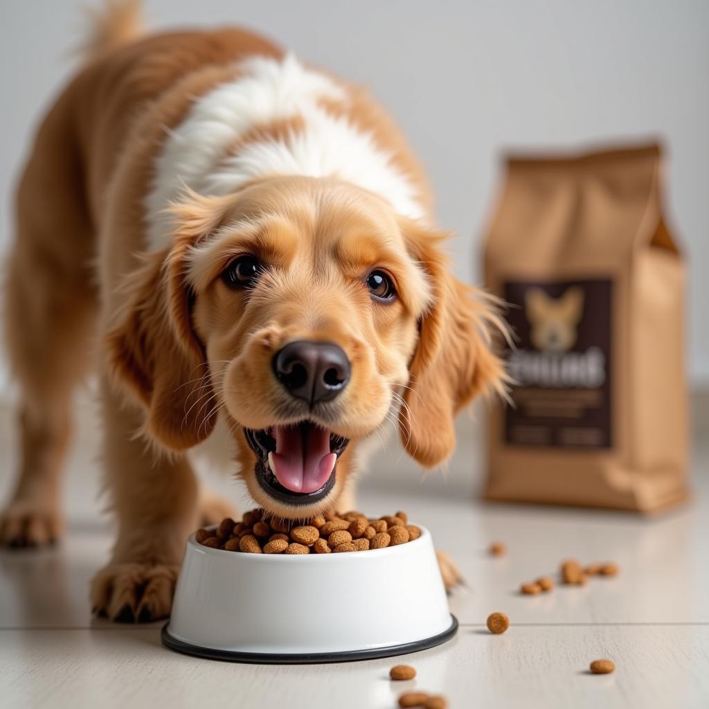 A happy dog eating kibble from a bowl, with a brown bag of dog food in the background.