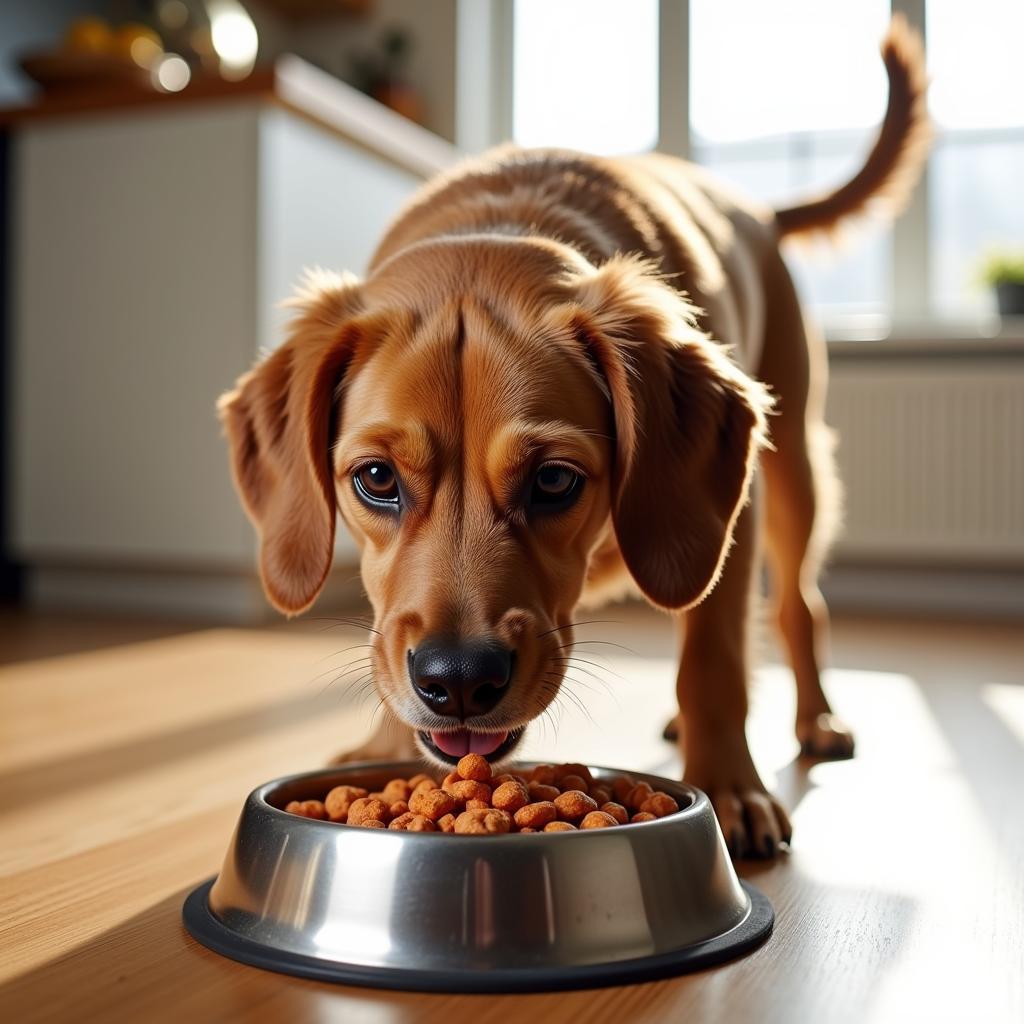 A happy dog eating fish-based dog food from a bowl.