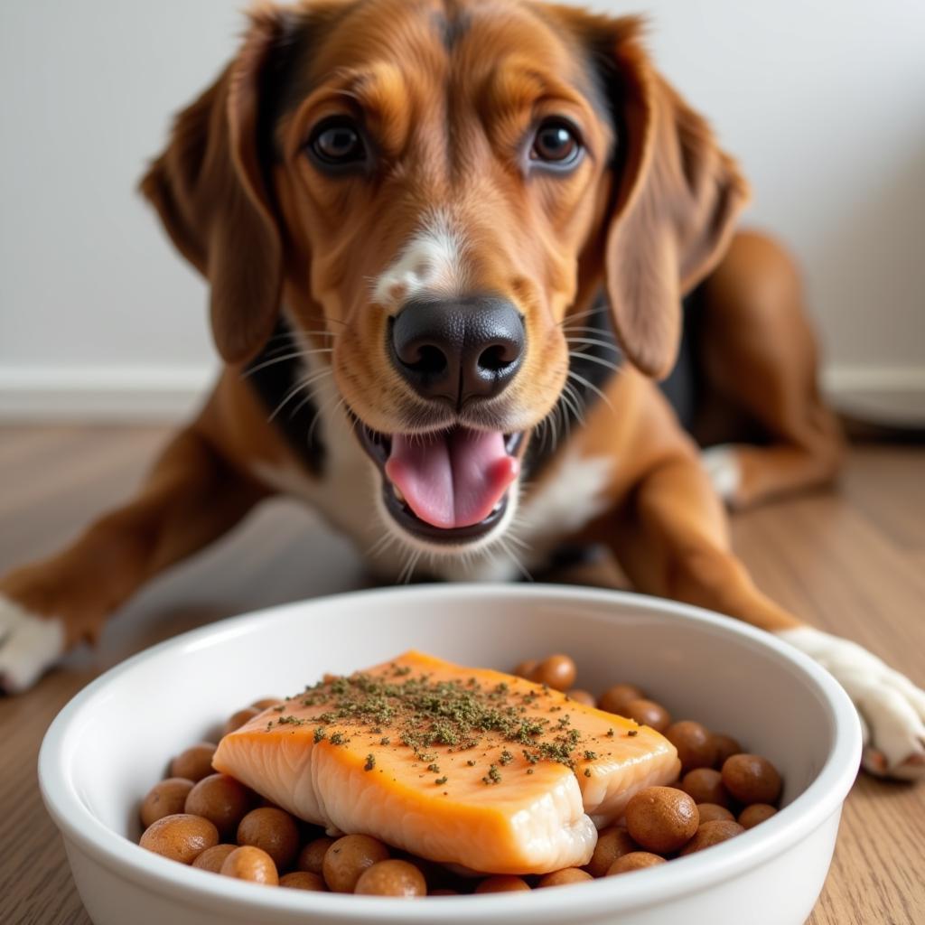 A happy dog enjoying a fresh fish meal