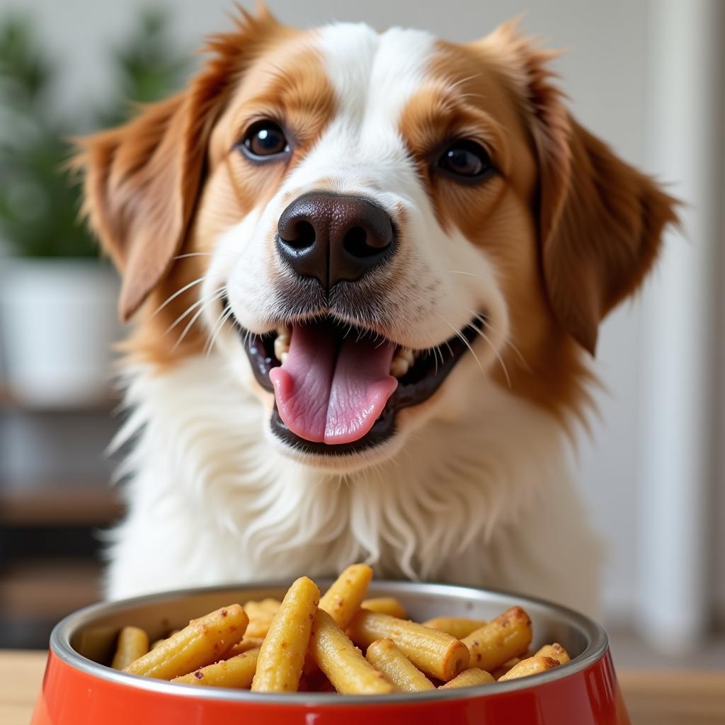 A happy dog enjoying a fresh food meal