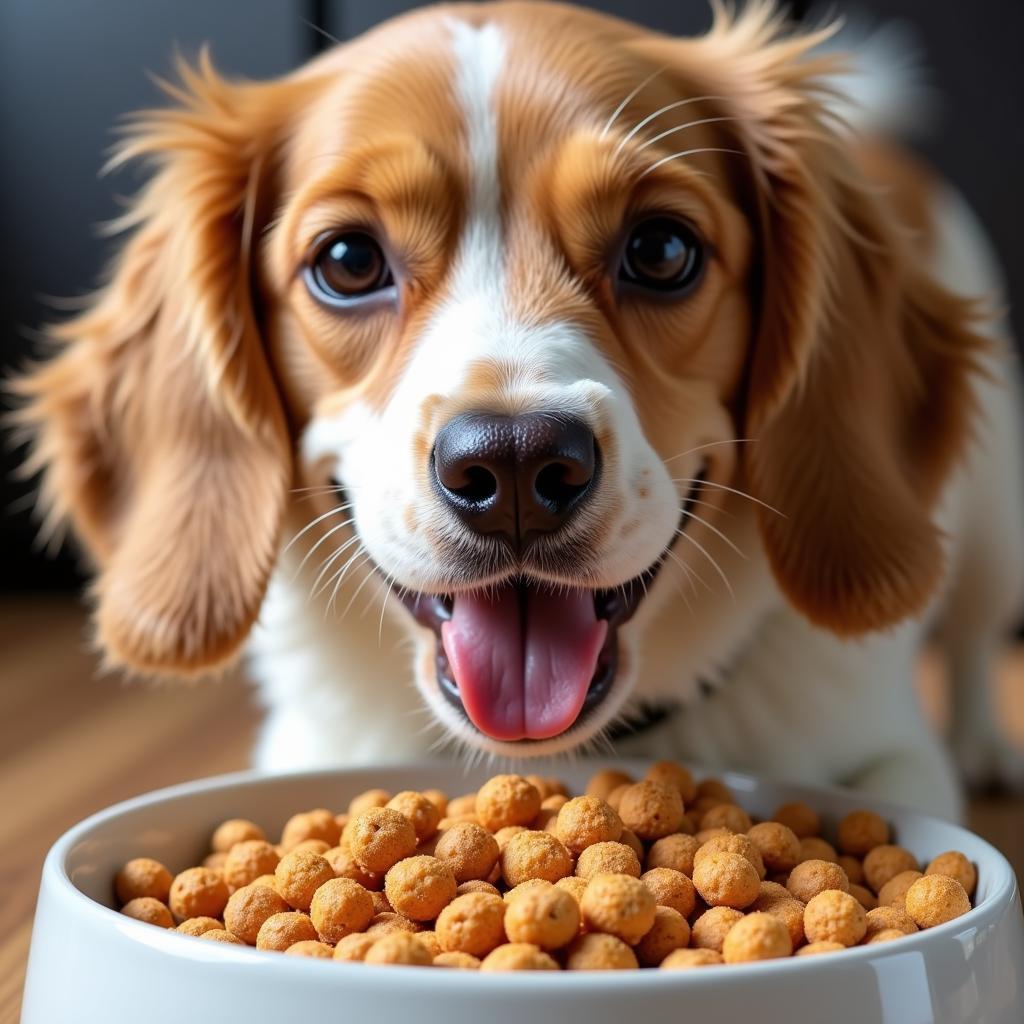 Dog enjoying a bowl of kibble seasoned with dog food seasoning powder