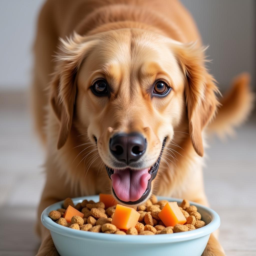 Dog enjoying a bowl of sweet potato and fish dog food