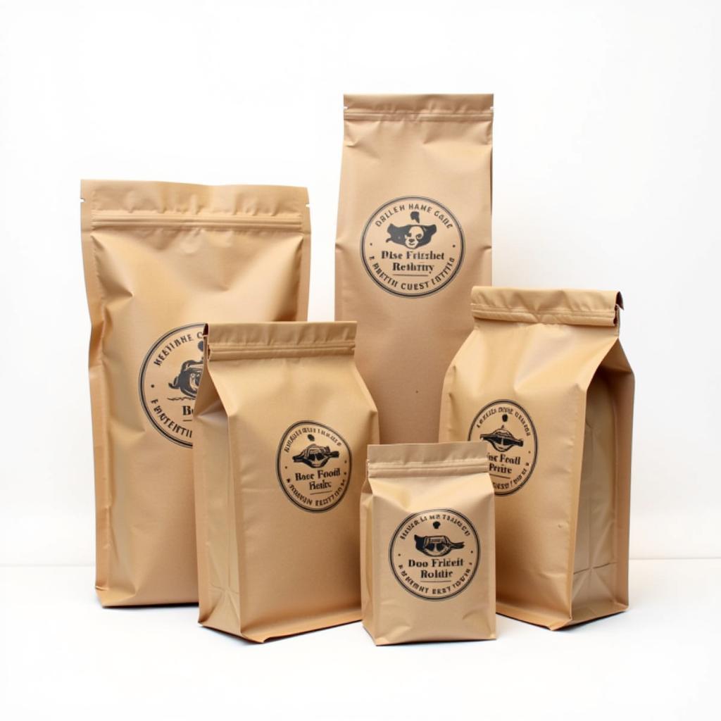 Various brands of dog food in brown bags